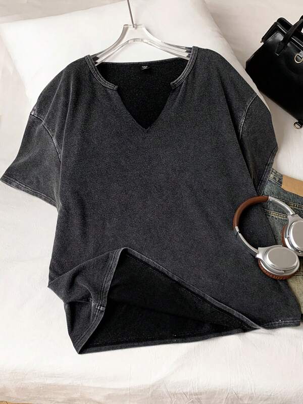 Comfortcana Plus Size Black Distressed V-Neck Loose Short Sleeve T-Shirt, Cotton Fabric, Suitable For Spring & Summer