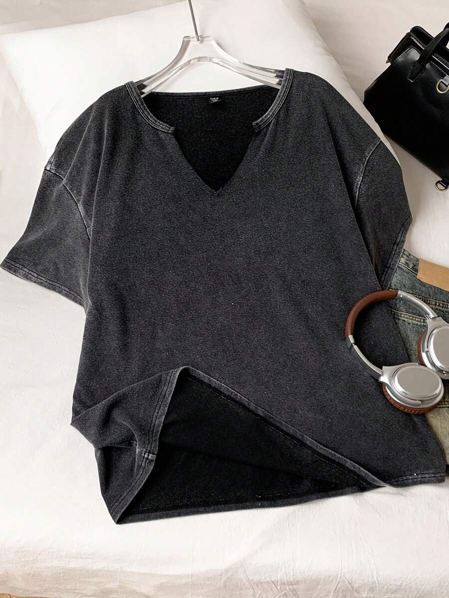 Comfortcana Plus Size Black Distressed Acid Wash Loose Fit Short Sleeve V-Neck T-Shirt, Cotton, Spring/Summer - Black - View 1