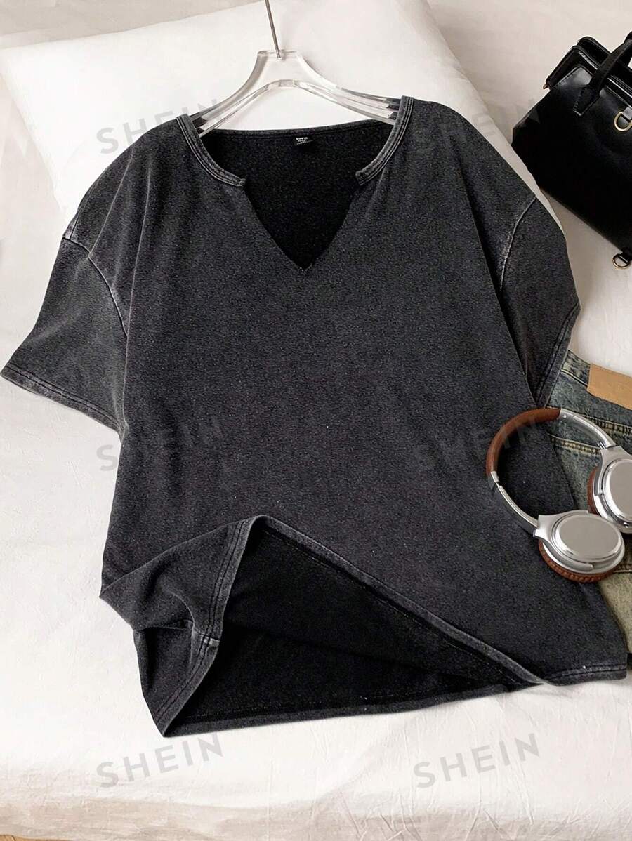 Comfortcana Camiseta de manga corta con cuello en V de algodón, de talla grande, con lavado ácido y efecto desgastado, de corte holgado, para primavera/verano