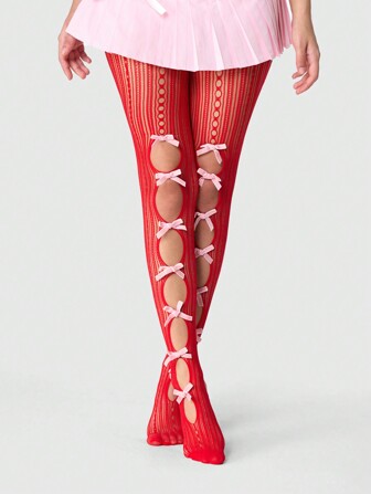 Kawaii 1 par de calcetines de red reversibles con lazo doble para mujer, 14 agujeros, rojo, adecuado para todas las estaciones