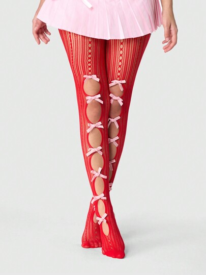 Kawaii 1 Pair Women's Reversible Double-Sided Bowknot Fishnet Socks, 14 Holes, Red, Suitable For All Season