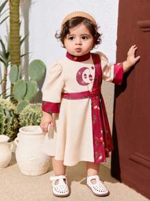 SHEIN 花卉复古印花女婴连衣裙，夏季 - 米色 - 查看 5