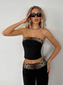 SHEIN ICON 2pcs/Set Leopard Print Patchwork Contrast Color Bandeau Top And High Waist Fitted Flare Pants - Black - View 4