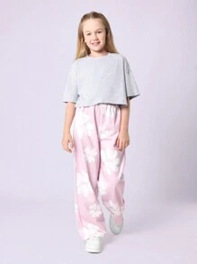 SUMWON Conjunto coordenado para adolescentes, camiseta curta grande, perna larga, calça palazzo floral, roupa de dormir casual de duas peças, primavera-verão, traje de resort para férias