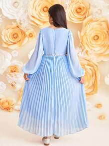 SHEIN Tween Girl Elegant V-Neck Long Sleeve Chiffon Dress - Blue - View 2