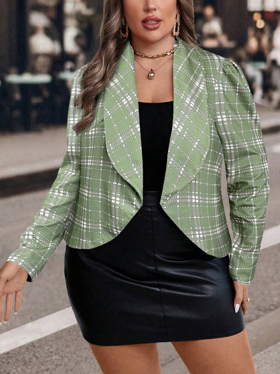 SHEIN Clasi 大码女式白色底色花卉印花夹克，优雅的秋冬季外套 - 綠色 - 查看 1