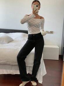 DAZY Solid Color Lace Slim Fit Open Shoulder Women's Blouse Festival Sheer,Fall Clothes Long Sleeve Top Off Shoulder Top - White - View 6