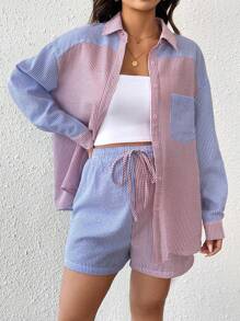 SHEIN 2 pièces/Set Ensemble Chemise à rayures de maternité et short droit avec nœud décoratif réglable, automne/printemps