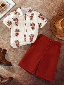 SHEIN Young Boys 2pcs Sets Spring & Summer Wildeya New Styles, Fashionable Funny Cute Western Cow Print Matched With Red-Brown Pants 2 Pieces Suits, Suitable For Outdoor Activities, Nomadic Life And Daily Wear
