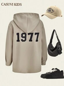 SHEIN 1 件男童复古美式学院风中长款连帽衬衫，休闲百搭新品