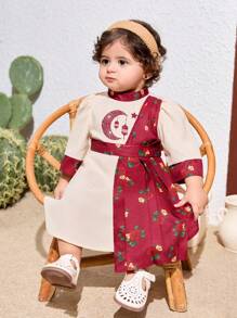 SHEIN 花卉复古印花女婴连衣裙，夏季 - 米色 - 查看 3