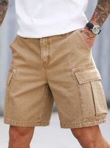 Manfinity Homme Men's Casual Washed Khaki Cargo Denim Shorts - Khaki - View 1