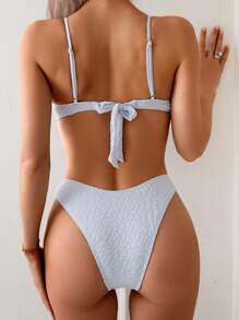 SHEIN Swim 夏季新款女士细肩带比基尼套装，无袖上衣设计，高开叉三角形下装，浅蓝色纹理面料，适合海滩、度假、休闲风格，适合所有年龄段，秋季 - 淺藍色 - 查看 2