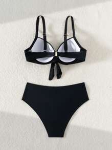 女士沙滩装：2 件套纯色聚拢钢圈优雅比基尼泳装，适合夏季海滩度假 - 黑色 - 查看 2