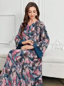 Al Najma 深 V 领前扣雪纺拼布全身印花阿拉伯风格连衣裙，端庄 - 彩色 - 查看 3