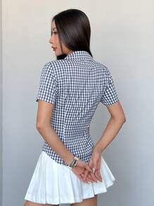 Sweetra Retro Hong Kong Style Mini Plaid Waisted Slim All-Match Versatile Polo Collar Women Short Sleeve Shirt, Spring/Summer