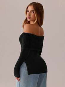 SHEIN SXY 1 pieza Suéter de punto con hombros descubiertos para mujeres, Navidad, Acción de Gracias, Año Nuevo - Negro - Ver 1