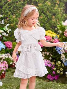 SHEIN Setelan 2 Potong Atasan Lengan Pendek Putih dengan Pita dan Rok Mini untuk Anak Perempuan dari Fern Glow, Liburan Musim Panas - Putih - View 3