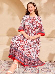 SHEIN Teen Girl Woven Red Floral Print Shift Dress - Red - View 5