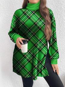 SHEIN LUNE 大码休闲绿色格子全印花高领长款 T 恤，适合圣帕特里克节、秋冬季 - 彩色 - 查看 1