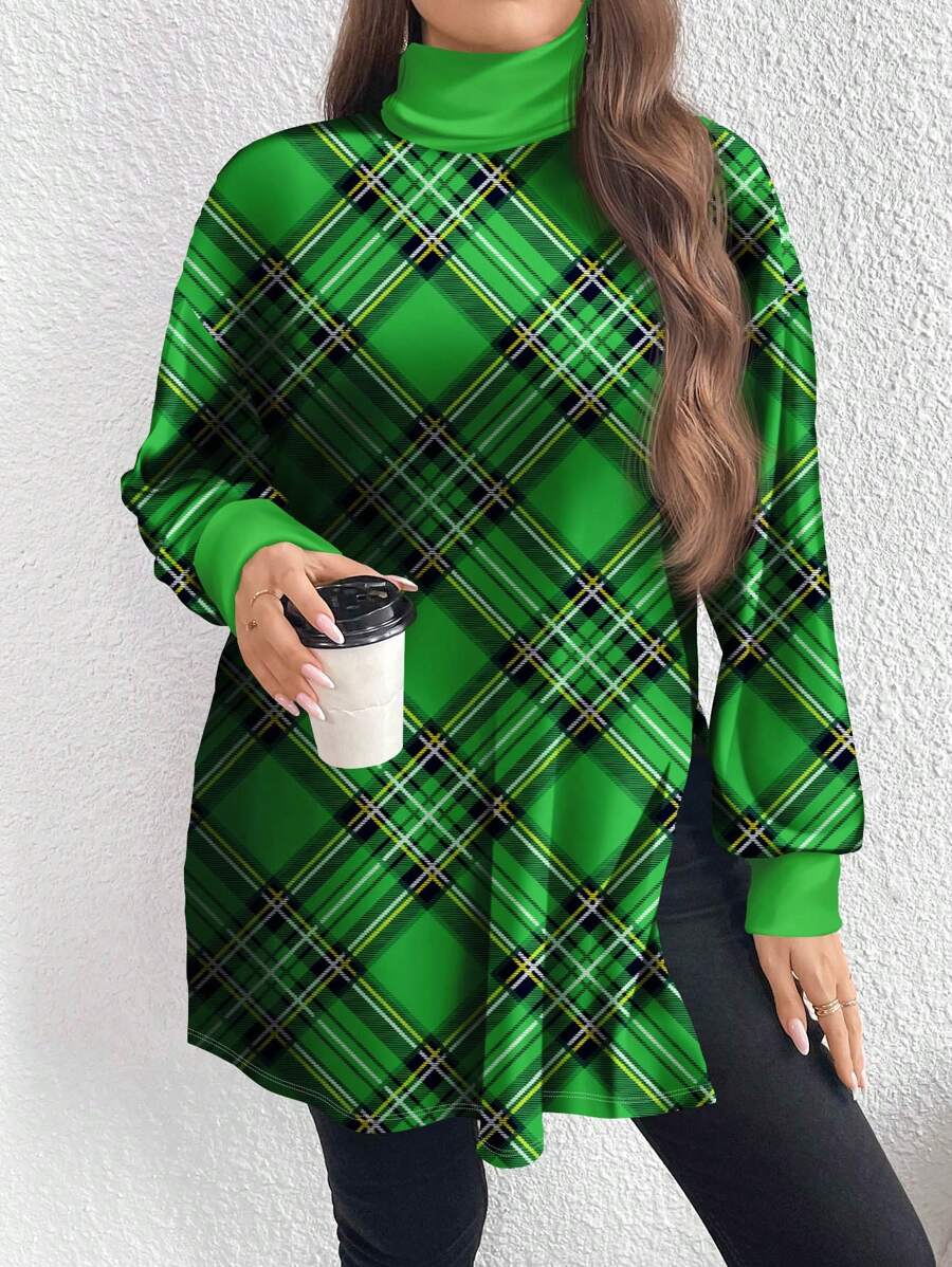 SHEIN LUNE 大码休闲绿色格子全印花高领长款 T 恤，适合圣帕特里克节、秋冬季 - 彩色 - 查看 1