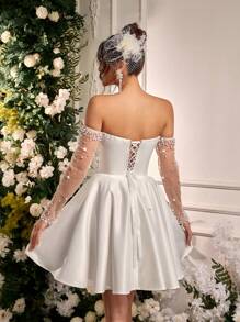 Lovelzi Vestido Elegante e Luxuoso de Cetim Franzido com Manga Longa Transparente e Design com Miçangas, Adequado para Casamento, Festa, Férias, Baile de Formatura, Presente de Noiva, Vestido de Noiva, Vestido de Chá de Panela, Noiva