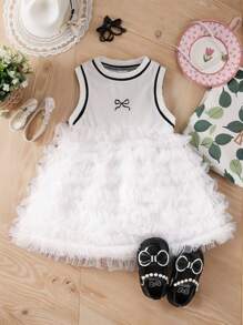 SHEIN Baby Girl Cute Summer White And Black Textured Sleeveless Bow Multi-Layer Tulle Tutu Princess Dress,Elegant Party Flower Girl Birthday Outfit - White - View 6