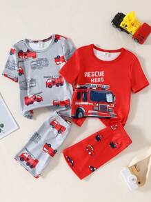 SHEIN 4pcs Young Boy Cartoon Car Print Soft & Stretchy Knit Short Sleeve Top & Shorts Sleepwear Set - Multicolor - View 3