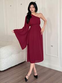 DAZY Robe mi-longue asymétrique à épaule dénudée de couleur unie pour femmes, robe de soirée élégante et formelle, robe longue à manches longues pour l'automne, robe femme rouge - Rouge foncé - Voir 9