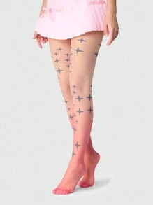 ROMWE Fairycore 1 Pair Women Ombre Pink Gradient Glitter Star Stockings, Sweet And Stylish, All Season