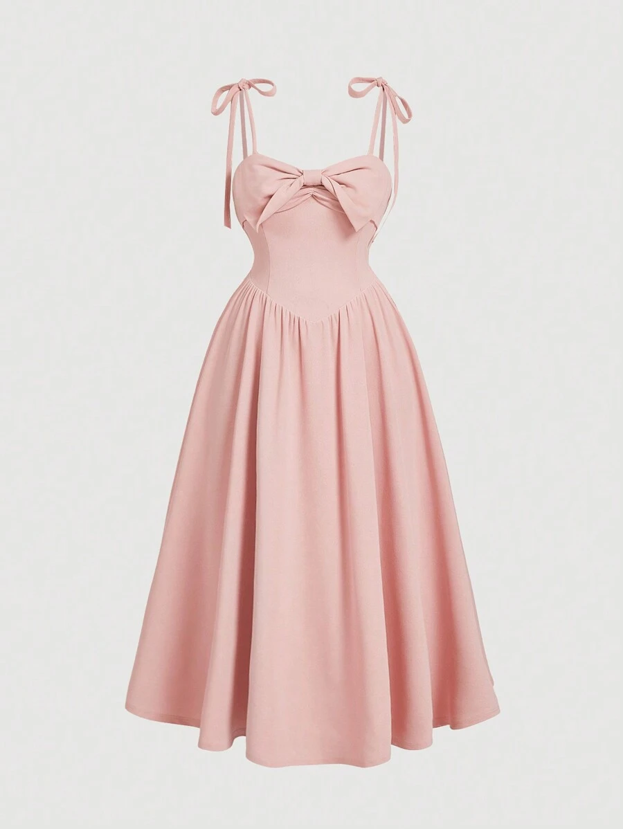 SHEIN MOD 大码粉色可爱复古前蝴蝶结装饰女式派对礼服 - 粉色 - 查看 1