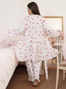 3pcs Plus Size Pajama Set With Bi-Color Heart Print & Ribbed Details - Multicolor - View 3