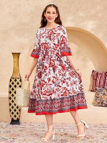 SHEIN Teen Girl Woven Red Floral Print Shift Dress - Red - View 4