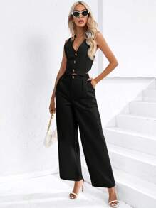 SHEIN Privé 2 件套女士纯色前扣无袖上衣和长裤套装 - 黑色 - 查看 6
