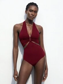 SHEIN Maija 女式红色 V 领镂空休闲夏装，百搭海滩旅行装，褶皱露背连体衣，商务休闲优雅风格 - 酒紅色 - 查看 1