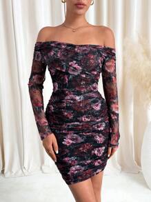 SHEIN Clasi 1 pieza Vestido con estampado de rosas, hombros descubiertos, ajustado, con superposición de malla para mujeres, ropa para San Valentín, vestidos rojos elegantes y sofisticados