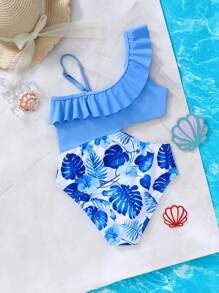 SHEIN Tween Girl Knit Patchwork Tropical Print Hollowed Out Waist Ruffle One Shoulder One-Piece Swimsuit - Blue - View 2