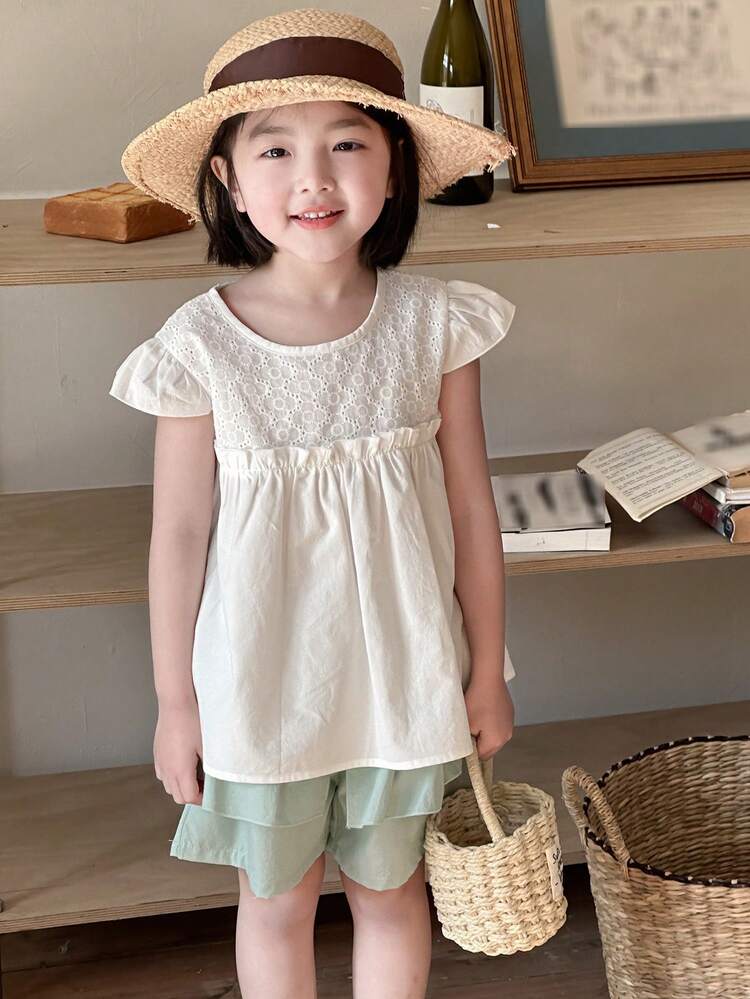 Young Girl Round Neck Cap Sleeve Top And Shorts Fashion Children Outfit