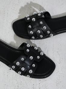 SHUZIA Women's One Large Multi Cross Band Faux Pearls Decor Square Toe Flat Sandals Spring Shoes Spring Break Easter - Black - View 7