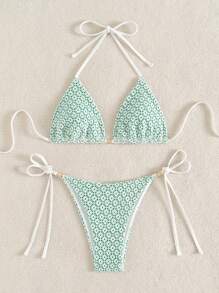 Swim Mod 夏季两件套比基尼泳装，配有细肩带和侧系带三角裤，简约休闲，适合日常穿着 - 綠色 - 查看 4