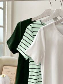3pcs/Set Striped White And Green Dress Set - Multicolor - View 4