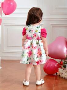 SHEIN Fern Glow  Baby Girls Cute Floral Pattern Colorblock Pink & Rose Red Dress, Summer - Pink - View 5