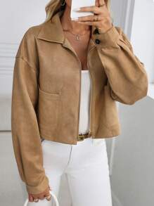 SHEIN LUNE Women's Casual Solid Color Short Jacket With Dual Pockets, Autumn - Khaki - View 3