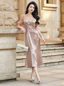 DAZY Patchwork Puff Sleeve Fishtail Midi Dress For Women,Formal Women Dresses - Pink - View 6