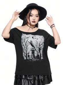 ROMWE Goth Plus Size One Shoulder Drop Sleeve T-Shirt With Vintage Cross, Raven, Tombstone, Moon And Plant Print, Horror Mysterious Distressed Print, Suitable For Spring Break Concert, Rave Outfits, Festival, Plus Size