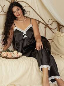 Plus Size Satin Lace Trim Spaghetti Strap Pajama Set - Black - View 3