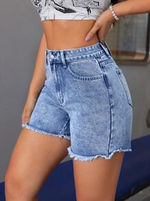 SHEIN Tall High Waisted Washed Women Denim Bermuda Shorts, Casual & Stylish For Everyday Wear - Light Wash - View 6