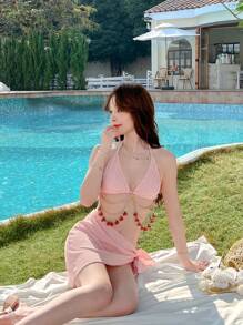 DAZY 25日新品3件套女士沙滩夏季泳装套装，樱桃纹理面料连体泳衣，设计感十足，比基尼泳装 - 粉色 - 查看 3