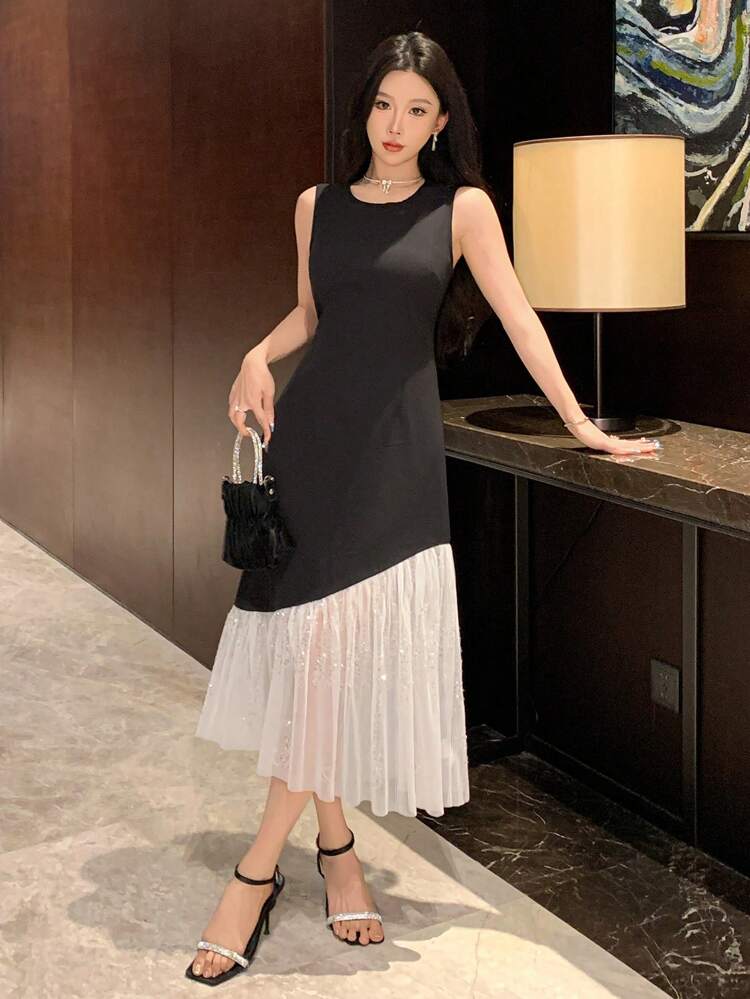 Sleeveless Sequin Patchwork Round Neck Dress For Women Prom Dress Elegant Women Dresses Cocktail Dress