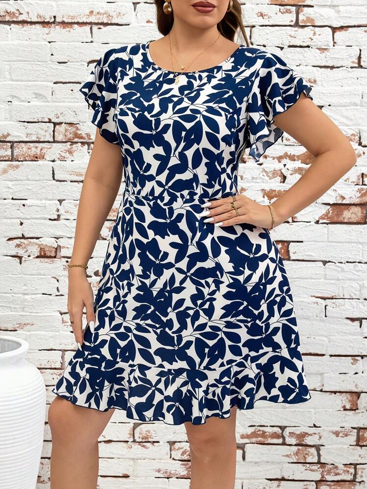 Reflora Vestido mini casual de manga corta con cuello redondo, estampado completo, talla grande y curvilínea para mujer en color azul, vestimenta de resort, vestimenta de verano, vestimenta casual de oficina, vestimenta para salir, vestimenta de oficina, vestimenta de primavera, vestimenta de vacaciones, vestido elegante, vestido azul para mujer, vestido casual - Azul y blanco - Añade 4